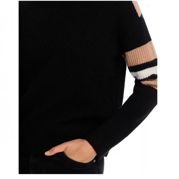 Luxurious 100% Cashmere Stripe Sleeve Mock Neck Sweater By Aqua in Black / Oatme - Picture 5 of 5